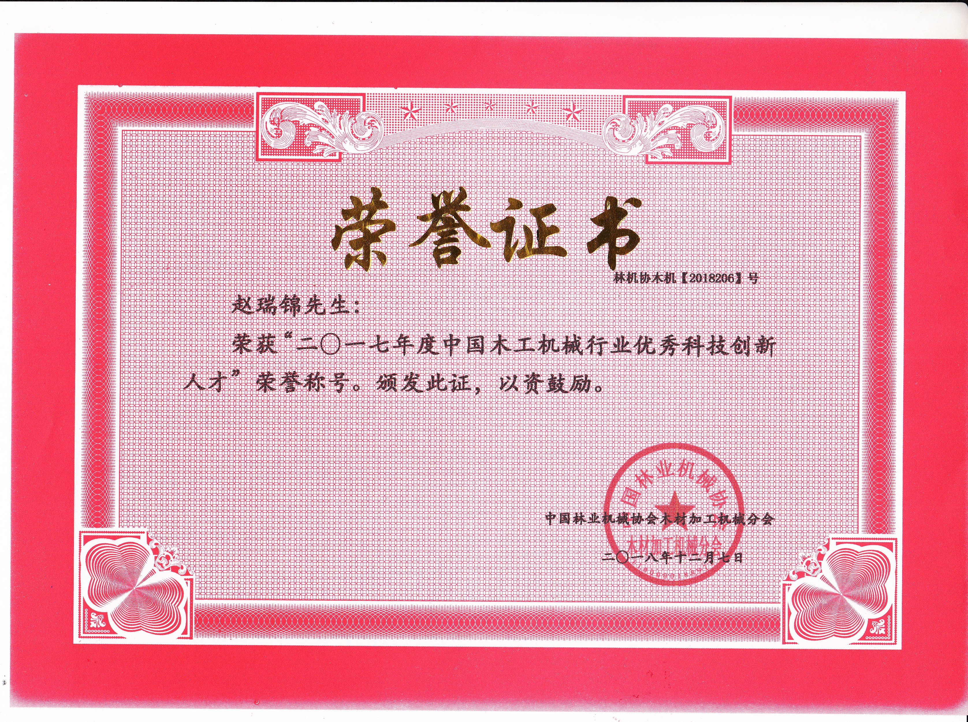 中国时搏手机注册工机械行业优秀科技创新人才2017年度